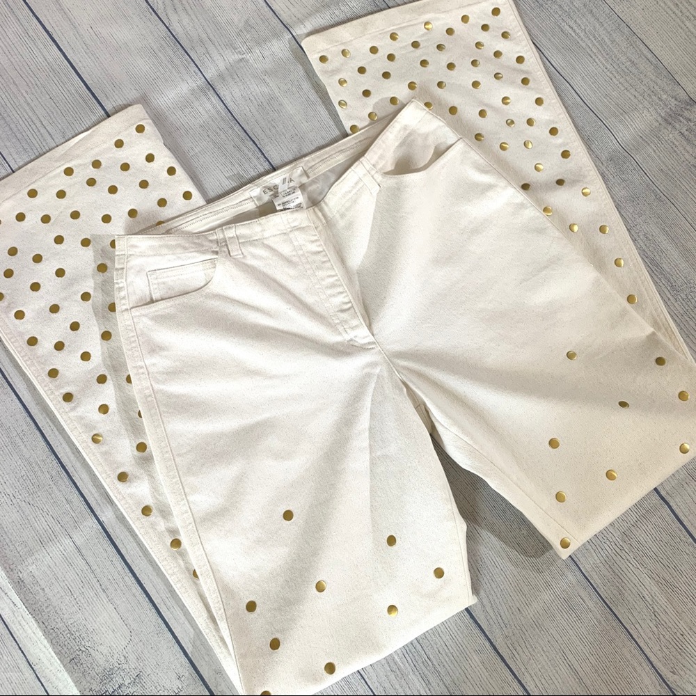Escada White and Gold Polka Dot Pants